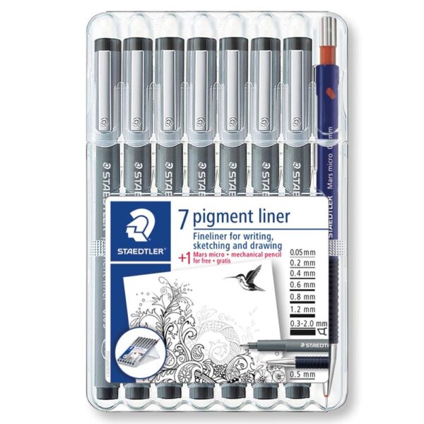 Staedtler 7 Pigment Liner Fineliner, Sketching And Drawing Pen Set (Pack of 7) Free 1 Mars Micro Pencil