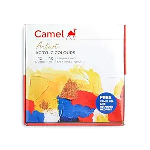 Camel Artist Acrylic Colours 40ml - 12 Shades (Multicolor) | Free Gel And Retarder Mediums - Bhandari Stationers