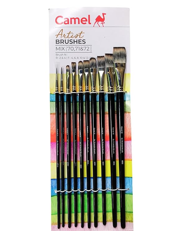 Camel Artist Paint Brush Mix Series 70, 71 & 72 - Round, Flat & Filbert Synthetic taklon Long Handle, Set of 10 - Bhandari Stationers