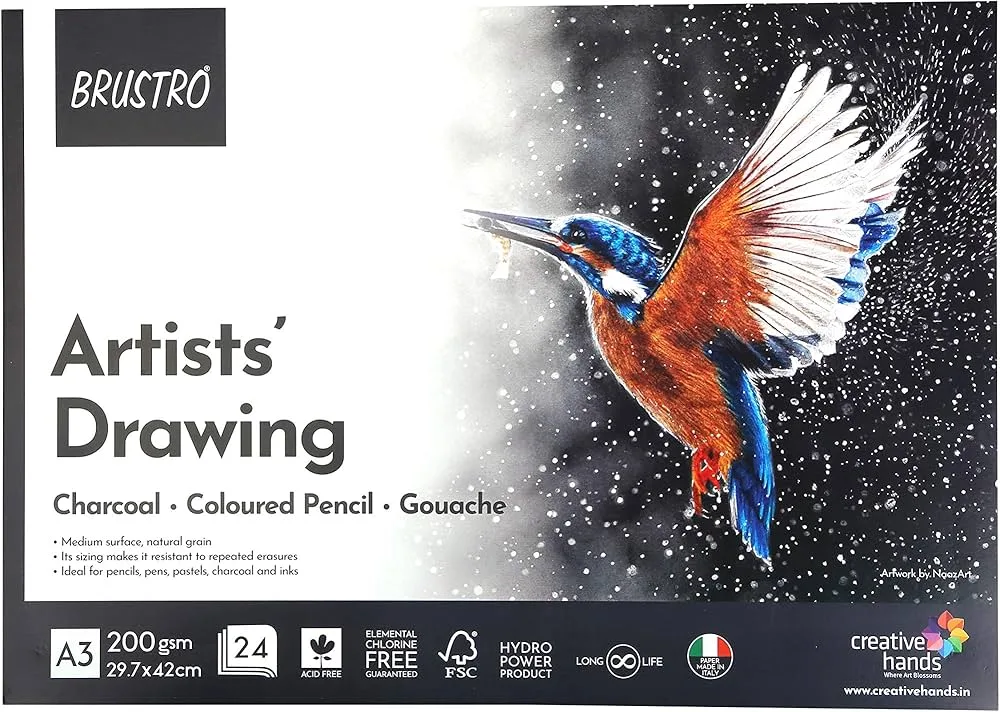 81qnuGOQV+L._AC_UF1000,1000_QL80_ BRUSTRO Artist Drawing Pad | 200 GSM, A3, 24 Sheets | Ideal for Charcoal - Bhandari Stationers - Best Stationery Store In Kota