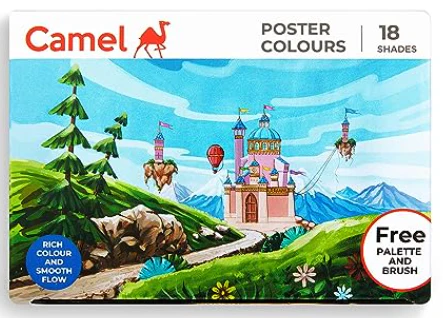 Camel Poster Colours Pack Of 18 Shade Bottles 10Ml Each, With Free 1 Palette, 1 Brush - Bhandari Stationers