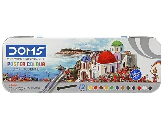 Doms Poster Colours 14 Shades | Rich & Vibrant Colors | Free Agigator & Brush Inside For Uniform Mixing | Pack of 1 Multicolour - Bhandari Stationers - Best Stationery Store In Kota