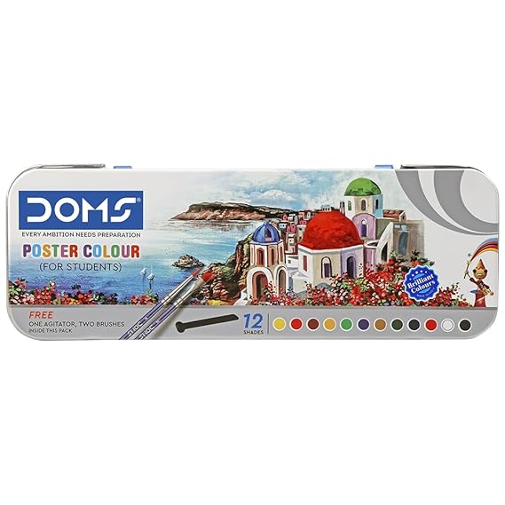 Doms Poster Colours 14 Shades | Rich & Vibrant Colors | Free Agigator & Brush Inside For Uniform Mixing | Pack of 1 Multicolour - Bhandari Stationers