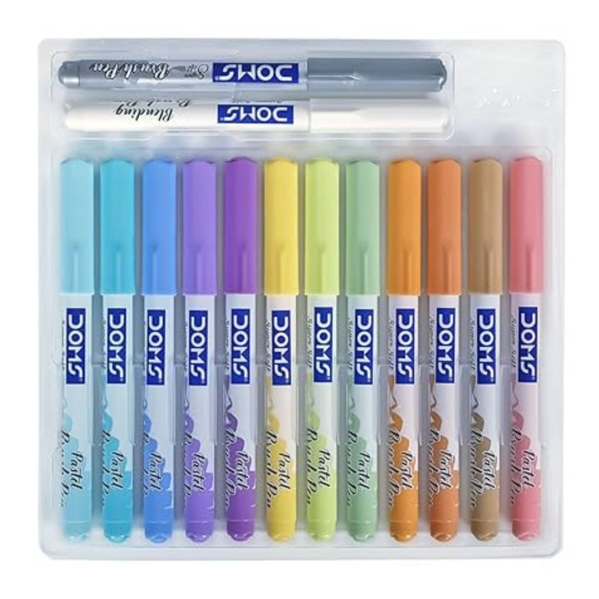 Doms Super Soft Tip Pastel Shades Brush Pen Set | 12 Pastel Shades + 1 Silver Shade + 1 Blender | Pack Of 1 - Bhandari Stationers