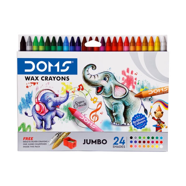 DOMS Jumbo Wax Crayons Super Soft 24 Shades Worth Free Gold & Silver Crayons Inside This Pack - Bhandari Stationers