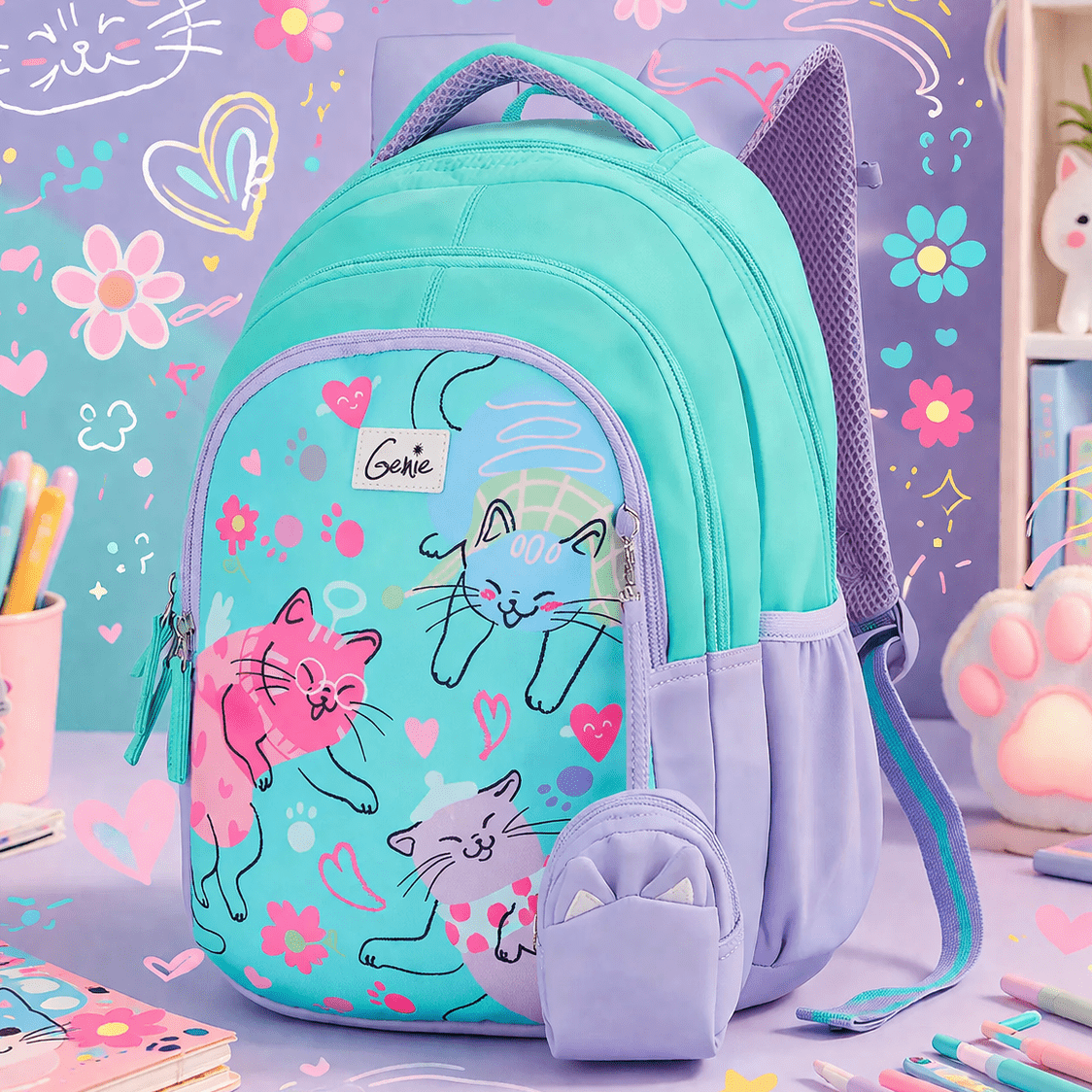 Genie Purrfect School Bag for Kids - Teal - Bhandari Stationers Genie Purrfect School Bag for Kids - Teal - Bhandari Stationers