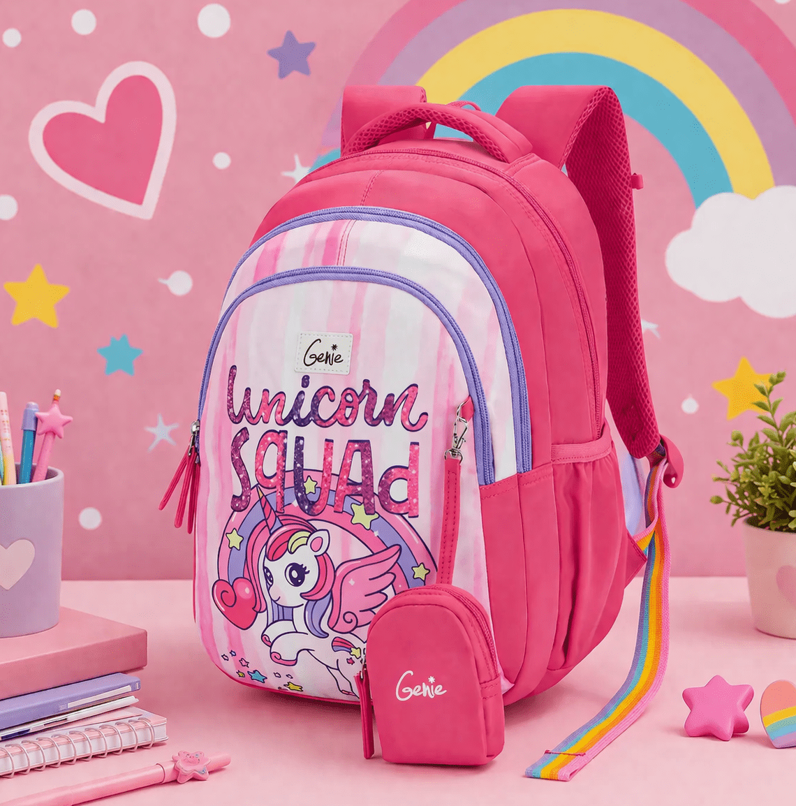 Genie Unicorn squad School Bag for Kids - Pink - Bhandari Stationers Genie Unicorn squad School Bag for Kids - Pink - Bhandari Stationers