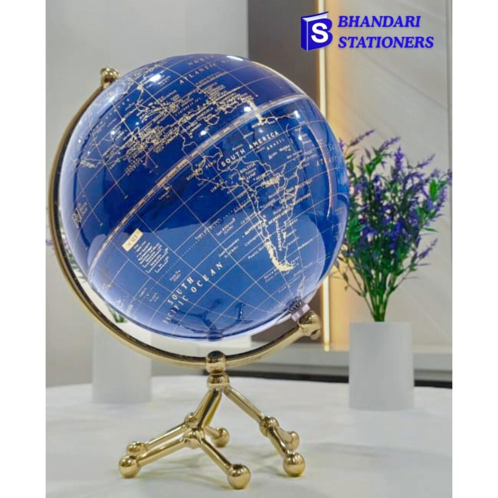 Premium Decorative Blue Golden Globe Showpiece – Luxury World Map Table Decor - Bhandari Stationers Kota