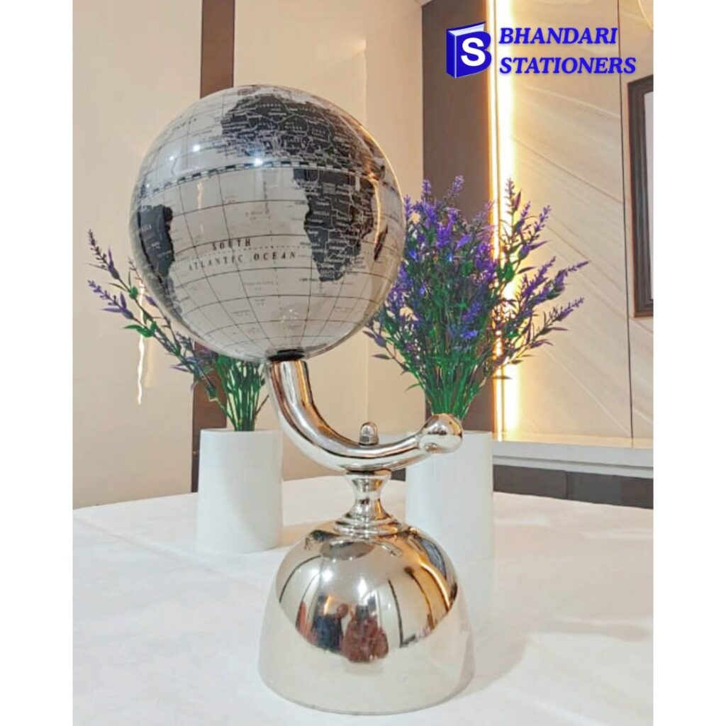 Premium Decorative Silver Globe Showpiece – Luxury World Map Table Decor - Bhandari Stationers Kota