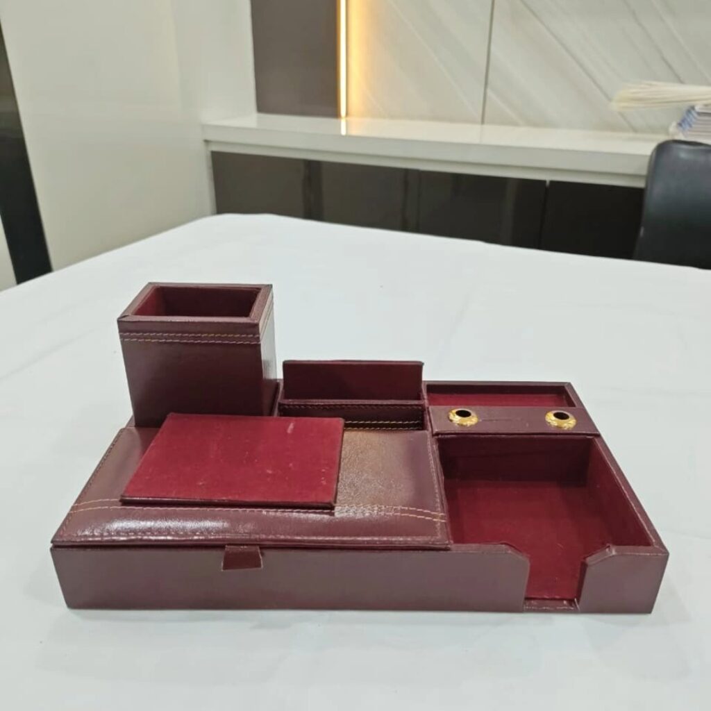 Office Desk Top Premium Pen Stand In Maroon Color Made Wooden Piece With Leather Cover - Bhandari Stationers Kota