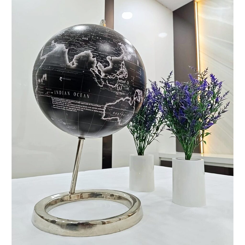 Premium Decorative Black White Globe Showpiece – Luxury World Map Table Decor - Bhandari Stationers Kota
