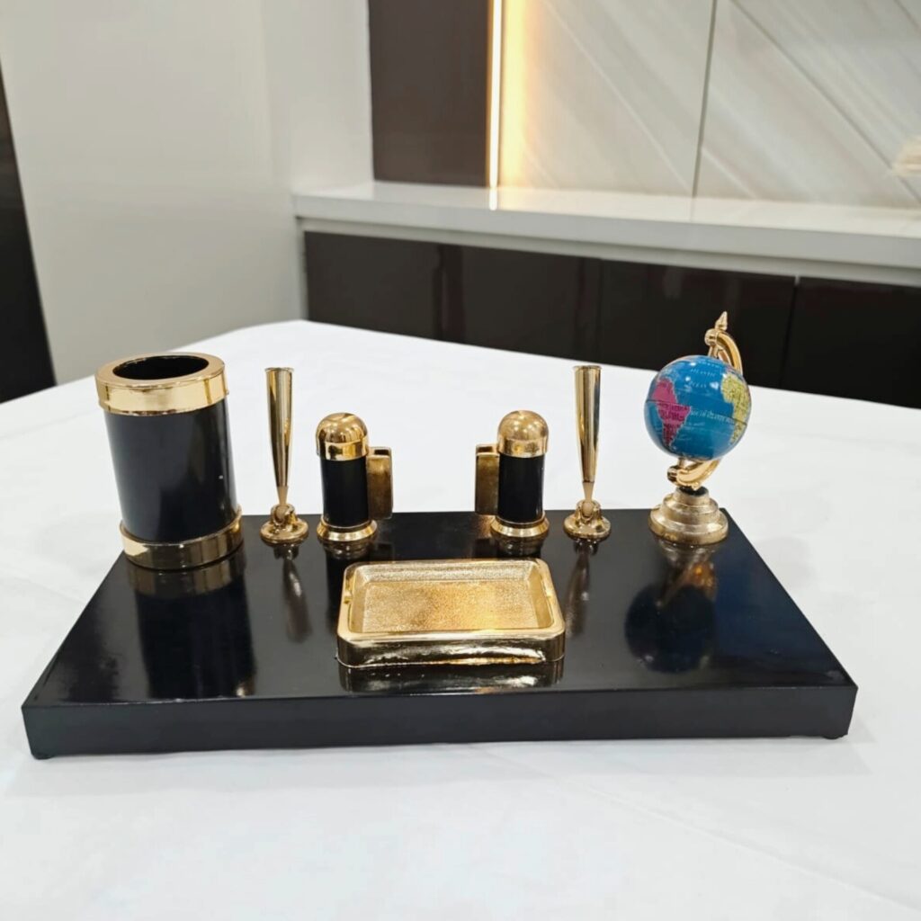 Desk Top Standard Pen Stand Black and Golden Color With Globe - Bhandari Stationers Kota