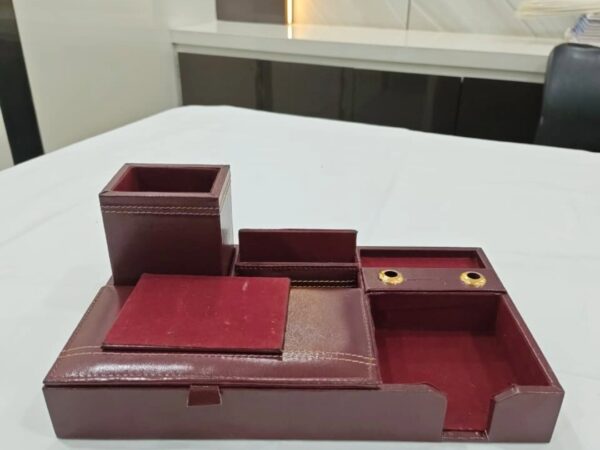 Office Desk Top Premium Pen Stand In Maroon Color Made Wooden Piece With Leather Cover - Bhandari Stationers Kota
