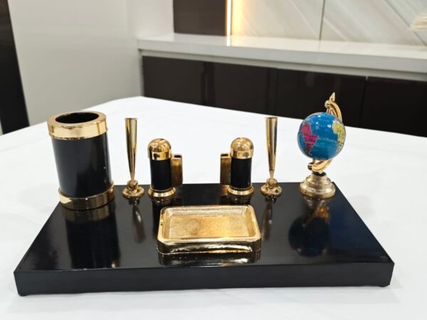 Desk Top Standard Pen Stand Black and Golden Color With Globe - Bhandari Stationers Kota