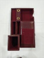 Office Desk Top Premium Pen Stand In Maroon Color Made Wooden Piece With Leather Cover - Bhandari Stationers Kota