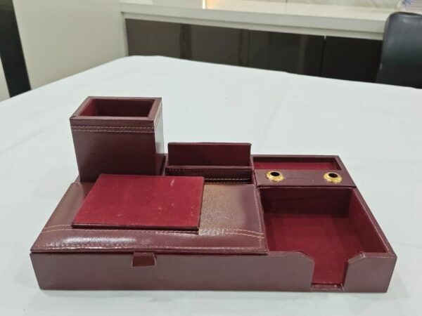 Office Desk Top Premium Pen Stand In Maroon Color Made Wooden Piece With Leather Cover - Bhandari Stationers Kota