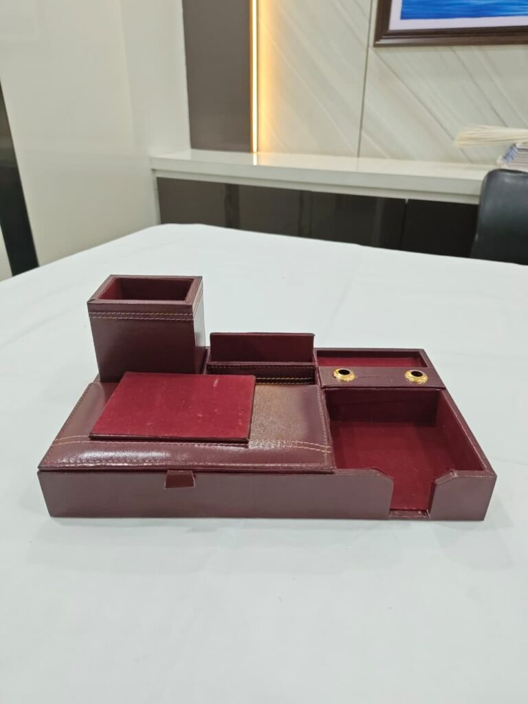 Office Desk Top Premium Pen Stand In Maroon Color Made Wooden Piece With Leather Cover - Bhandari Stationers Kota