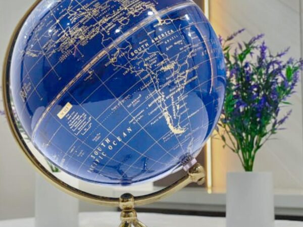 Premium Decorative Blue Golden Globe Showpiece – Luxury World Map Table Decor - Bhandari Stationers Kota